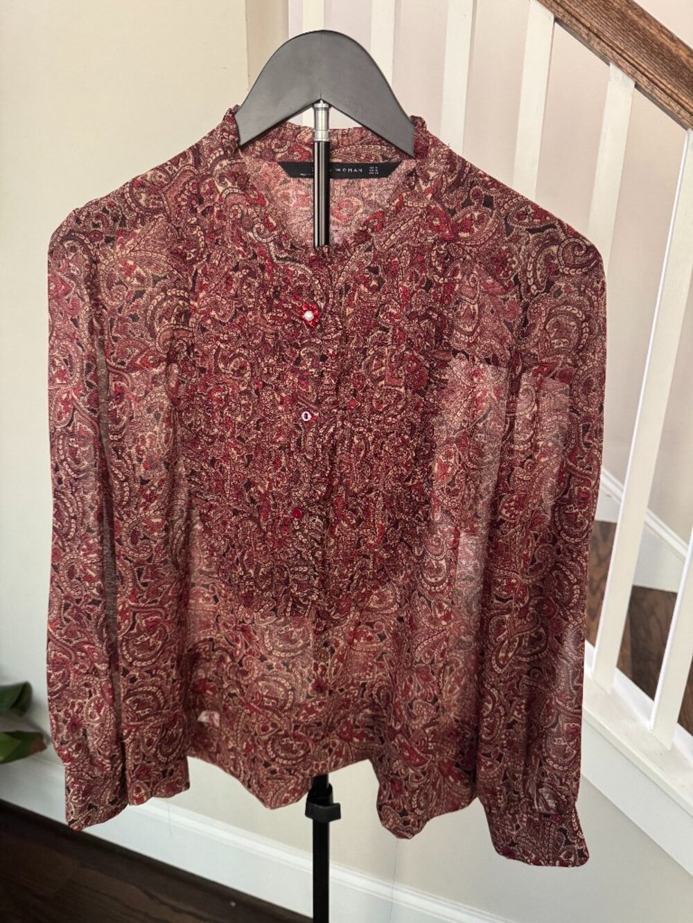 Zara Sheer Burgundy Paisley Button Down Shirt